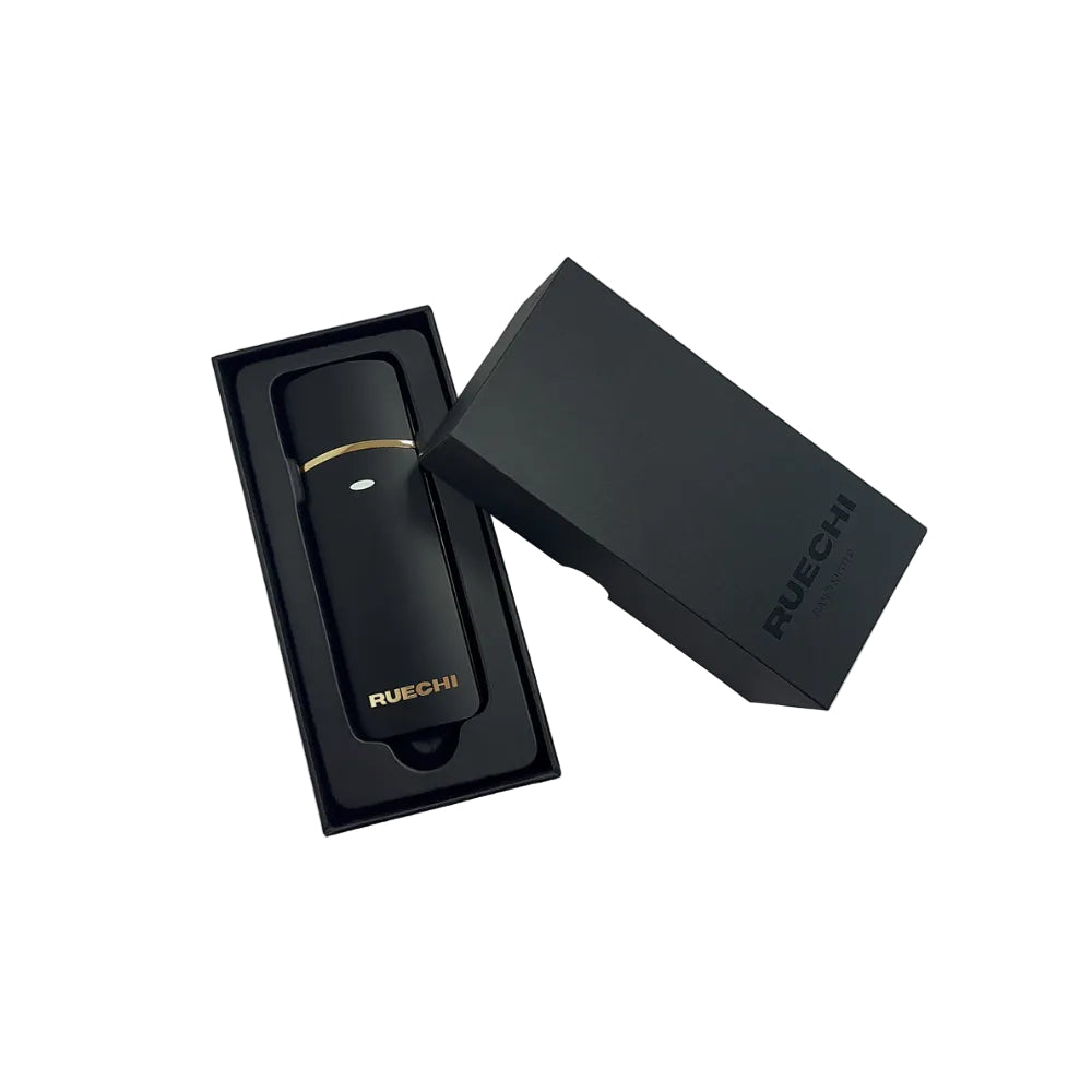 The product image shows a portable RUECHI Nano Mister, which is black with gold accents, placed inside its black box with the brand name visible.